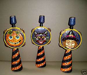 SPOOKY HALLOWEEN CANDLESTICKS black cat, witch, pumpkin  