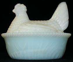 Coudersport Glass milk glass Hen on Nest HON cattail & rushes base 