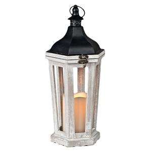 Gerson 38548   15.25 White Washed Wood and Metal Hex Lantern Melted 