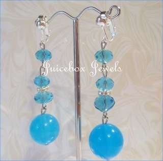 CLIP ON 2 Blue Faceted Glass Crystal SilverP Dangle Earrings(B791 