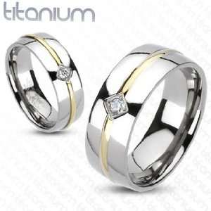  Solid Titanium Gold IP CZ Round Stripe Center Band Ring 