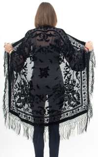 Sheer 100% SILK VELVET Floral BURNOUT Gypsy Fringe Kimono Cape Dress 