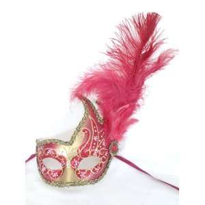  Red Gold Swan Ciuffo Onda Feather Venetian Masquerade Mask 
