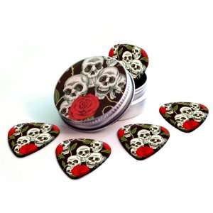  Skulls & Roses Premium Guitar Picks x 5 With Tin Musical 
