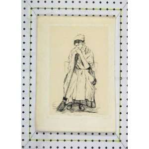  1878 Antique Drawing Cleaning Lady Sweeping Brush