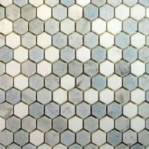  Blue Celeste and Thassos Hexagon Mosaic 1 inch Polished 