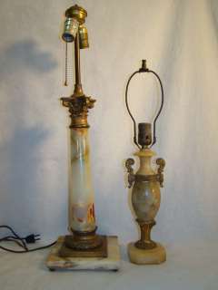 Pair (2) Antique VICTORIAN ONYX Urn & COLUMN Old ALABASTER Parlor LAMP 