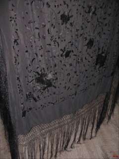 ANTIQUE VICTORIAN SILK EMBROIDERED Roses PIANO MOURNING DRESS SHAWL 