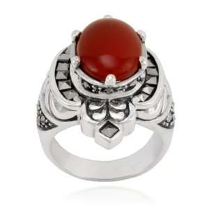   Silver Marcasite and Oval Carnelian Cocktail Ring, Size 6 Jewelry
