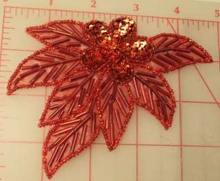 Red applique sequin flower with rhinestone center & beaded leaves 4.5 