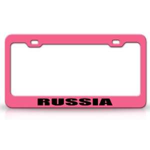 RUSSIA Country Steel Auto License Plate Frame Tag Holder, Pink/Black