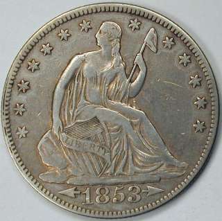 1853 US COIN SEATED LIBERTY ARROWS AND RAYS SILVER HALF DOLLAR   99c 