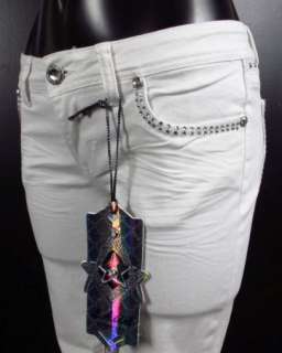 NWT Womens LA IDOL Jeans WHITE CAPRI with DANGLE CRYSTALS 1183CP 