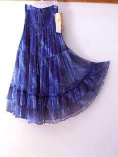 NEW~Royal Blue Print Ribbon Boho Peasant Tiered Dress Long Skirt~12/14 