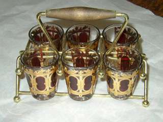 Vintage Culver Gold Encrusted Ruby Stained 6 Shot Glasses with Caddy 