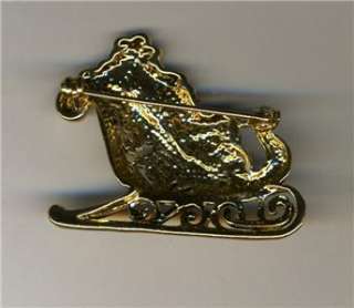 Santa Claus In Sleigh Brooch Pin Gold Tone Red & White Enamel  