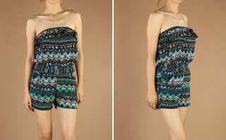 Tribal Print Casual CUTE Ruffle Tube Shorts Jumpsuit Strapless Smocked 