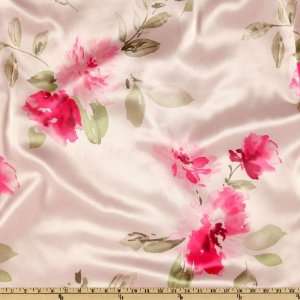  58 Wide Satin Charmeuse Roses Pink Fabric By The Yard 