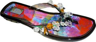   jelly thong sandal has hand sewn dangly gems for designer styling