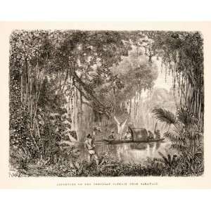 1875 Wood Engraving Sarayacu River Canoe Native Rower Rainforest South 