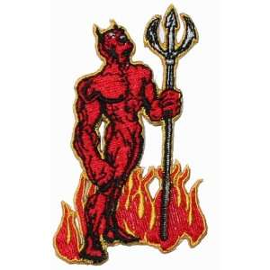  Devil W/ Flames & Pitchfork Embroidered Iron On Biker 
