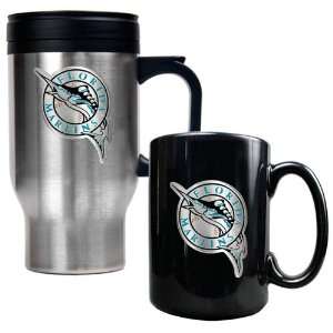 Florida Marlins MLB Stainless Steel Travel Mug & Black Ceramic Mug Set 