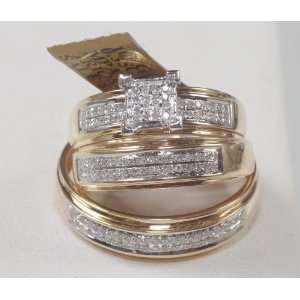  His& Hers Diamond Gold Engagment &Weddingtrio Ring Set 