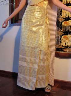 Thailand Traditional Wedding Silk Wrap Skirt with Ties   Cream Thai 
