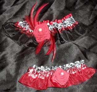 Black/White Damask Bridal Garter set with Red Accents  