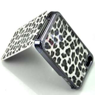 Deluxe White Leopard Flip Leather Chrome Case for iPhone 4 4S  