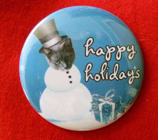 gray CAT Christmas snowman holiday BUTTON badge pin  