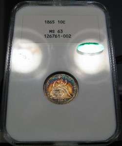 1865 Seated Liberty Dime very old NGC MS63 CAC PQ+ *Rainbow Toning 
