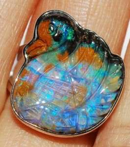 Australia Boulder Opal carved Swan silver ring s6.5  