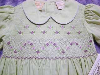 CARRIAGE BOUTIQUES SMOCKED SPRING GREEN DRESS W/LAVENDER EMBROIDERY~2T 
