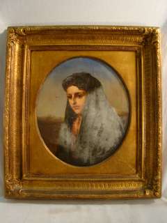   19thC Victorian LADY Old PORTRAIT PAINTING Early GESSO Frame  
