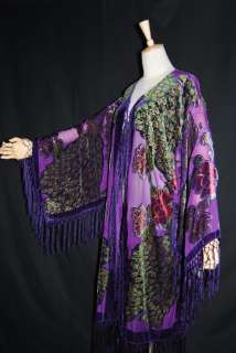 Purple Fringe Jacket Burnout Silk Velvet Coat   Peacock Duster (L 