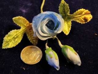   Millinery Flower Blue Rosebud Rose Velvet Leaves Hat Wedding Hair K40