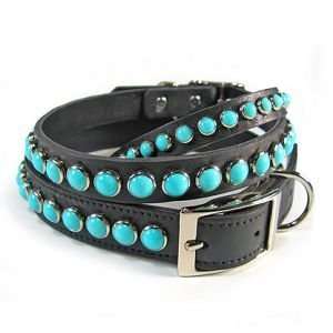 Turquoise on Black Leather Dog Collar 22 