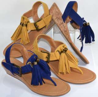 Womens Sandals T Strap With Wedge NEW Tassle Design in Black, Blue 