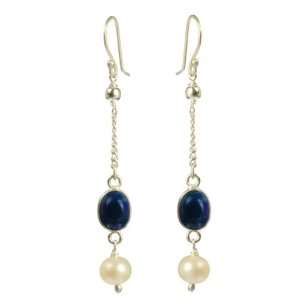   Long Drop with Lapis Lazuli Cabochon & White Pearl Earrings Jewelry