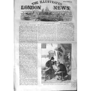  1858 SCENE NEWSPAPER READER DOG PEOPLE ANTIQUE PRINT