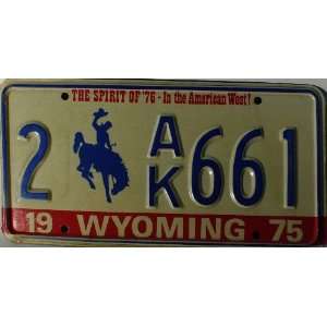  Wyoming 1975 License Plate Blue Numbers with Bucking 