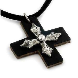    Black Leather Sterling Silver Cross Pendant Necklace Jewelry