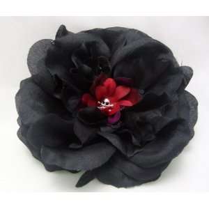  Large Black Open Rose with Skull Hair Flower Clip 