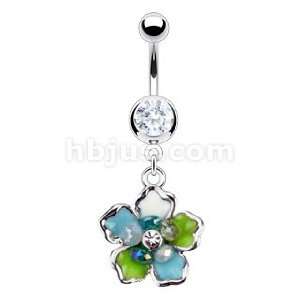   Steel Navel Ring with Stone Gem Cluster Center Epoxy Flower Jewelry