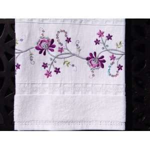 Luxury 3 piece White Terry Hand Towel Set with Purple Embroidered 