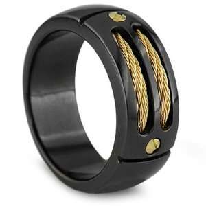 Black Titanium Ring with Double Gold Cable and Rivets 