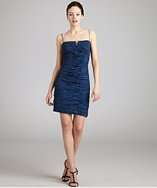Nicole Miller navy metallic crinkle ruched spaghetti strap dress style 