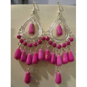 Silver tone Belly Dancing style 3.2 Long dangle pink beaded earrings