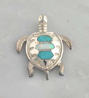 Sterling Silver Turquoise & Opal Inlay Turtle Pendant  